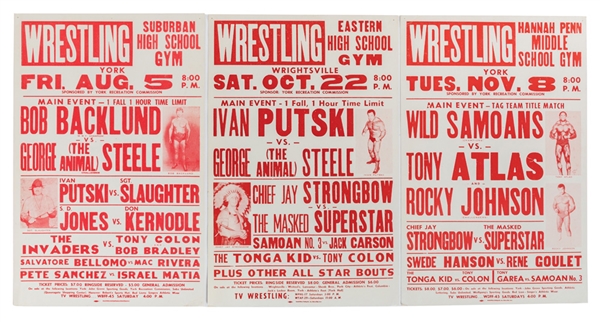 1983 On Site Wrestling Posters (3) Featuring Wild Samoans, Ivan Putski, George the Animal Steele, Bob Backlund and Others (17" x 26")