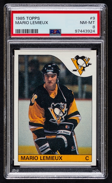 1985-86 Topps Hockey Card #9 HOFer Mario Lemieux Rookie - Graded PSA 8