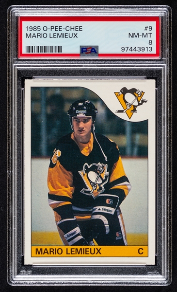 1985-86 O-Pee-Chee Hockey Card #9 HOFer Mario Lemieux Rookie - Graded PSA 8