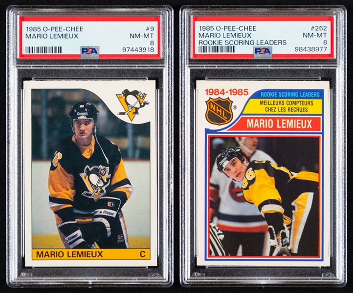 1985-86 O-Pee-Chee Hockey Card #9 HOFer Mario Lemieux Rookie (Graded PSA 8) and Card #262 HOFer Mario Lemieux Rookie Scoring Leaders (Graded PSA 8)