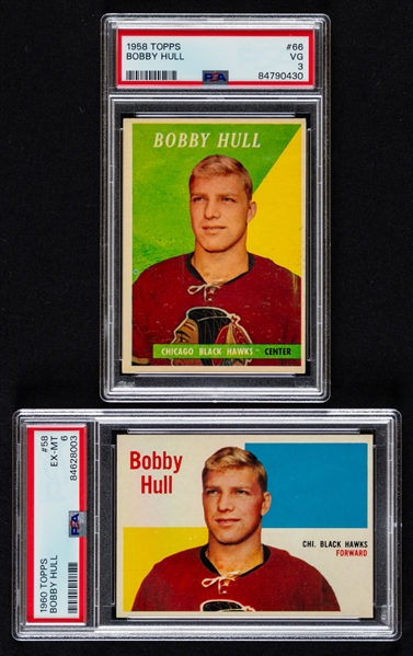 1958-59 Topps Hockey Card #66 HOFer Bobby Hull Rookie (Graded PSA 3) and 1960-61 Topps Hockey Card #58 HOFer Bobby Hull (Graded PSA 6)