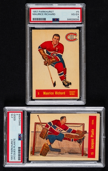 1957-58 Parkhurst Hockey Card #5 HOFer Maurice Richard (Graded PSA 4) and 1957-58 Parkhurst Hockey Card #15 HOFer Jacques Plante (Graded PSA 2)