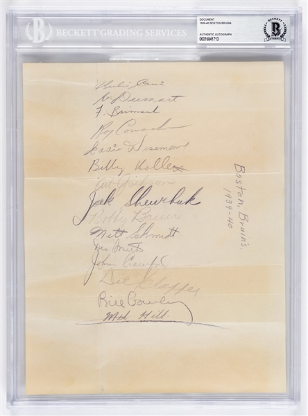 Boston Bruins 1939-40 Team-Signed Sheet by 15 Including HOFers Dumart, Brimsek, Bauer, Schmidt, Clapper, Cowley and Conacher - Beckett Authenticated!