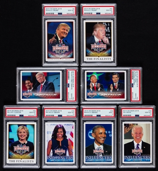 Decision 2016 USA Political Cards Complete PSA-Graded 110-Card Base Set - 92 Cards Graded PSA GEM MT 10 Incl. Donald Trump Cards #6,  #81, #92 & #93, Obamas #40 and #46, H. Clinton #82 & Biden #34