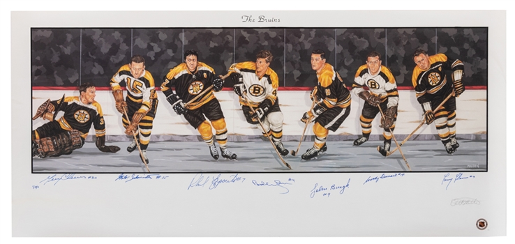 Phil Espositos Boston Bruins Limited-Edition Lithograph (PP) Signed by 7 HOFers Including Orr from His Personal Collection with His Signed LOA (18" x 39")