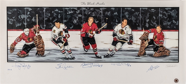 Phil Espositos Chicago Blackhawks Limited-Edition Lithograph (PP19) Signed by 5 HOFers Including Tony Esposito, Mikita, Hull, Pilote and Hall from His Personal Collection with His Signed LOA