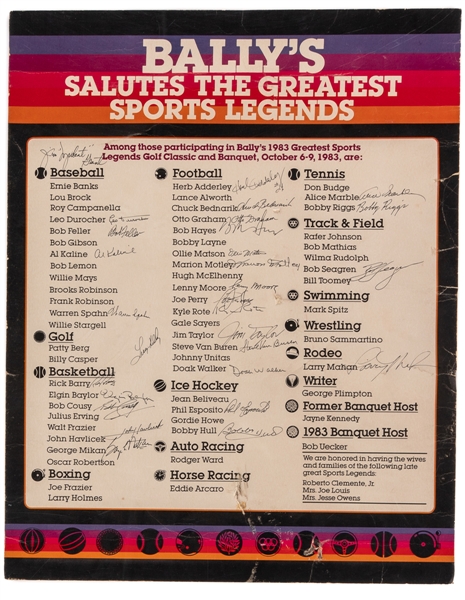 Ballys 1983 Greatest Sports Legends Broadside Signed by 29 Incl. Durocher, Spahn, Cousy, Havlicek, Joe Perry, Matson, Hayes & Others from the Personal Collection of Phil Esposito with His Signed LOA