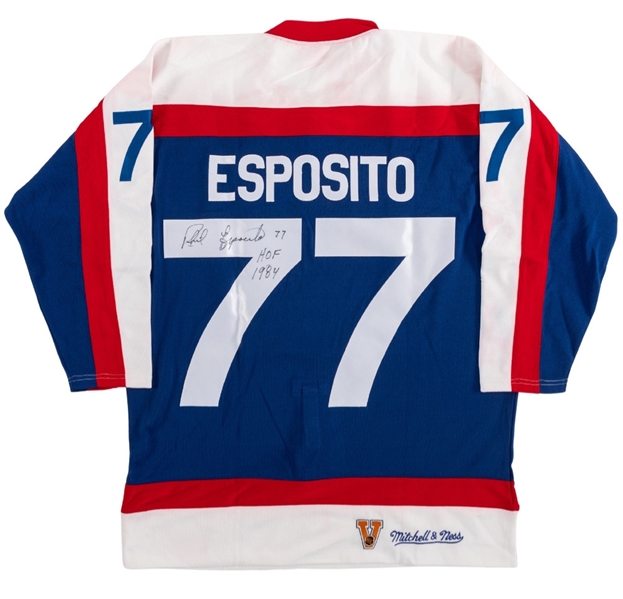 Phil Espositos Signed Mitchell & Ness New York Rangers "Shield Style" Captains Jersey from His Personal Collection with His Signed LOA