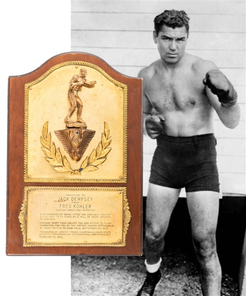 Jack Dempseys 1950 "Greatest Fighter of The Past Fifty Years" Presentational Plaque Gifted by Chicago Wrestling Promotor Fred Kohler and Presented by Joseph Triner (16" x 24")