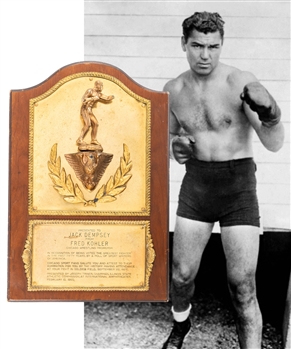 Jack Dempseys 1950 "Greatest Fighter of The Past Fifty Years" Presentational Plaque Gifted by Chicago Wrestling Promotor Fred Kohler and Presented by Joseph Triner (16" x 24")