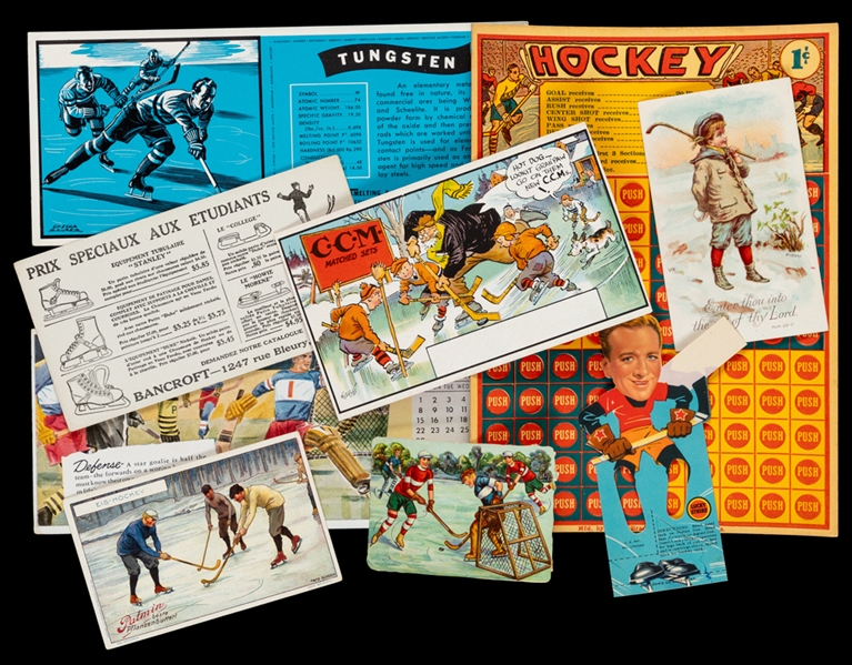 Vintage 1910s/60s Hockey/Skating Cards, 1930s/40s Hockey-Themed Ink Blotters Including CCM Example Plus Assorted Hockey Related Items