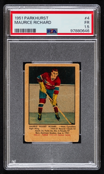 1951-52 Parkhurst Hockey Card #4 HOFer Maurice Richard Rookie - Graded PSA 1.5