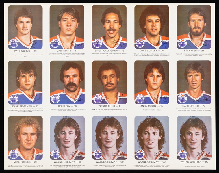 Edmonton Oilers 1981-82 Red Rooster Uncut Sheet Including Wayne Gretzky "Long Hair" Cards (4)