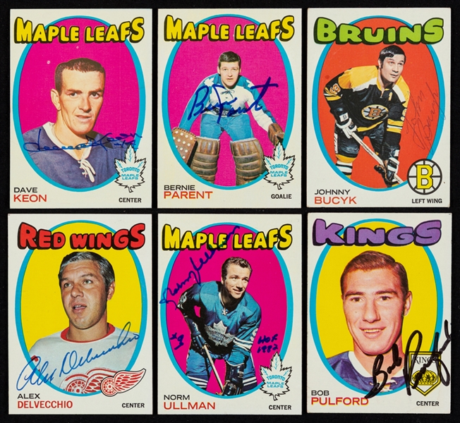 1971-72 Topps Signed Hockey Cards (44) Incl. HOFers Parent, Bucyk, Delvecchio, Ullman, Keon & Pulford and Deceased Players Magnuson, White, Bergman and Others Plus Leach Signed OPC Card (PSA/DNA)