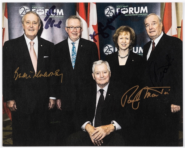 Former Prime Ministers of Canada Photo Signed by Brian Mulroney, Joe Clark, Paul Martin, John Turner and Kim Campbell