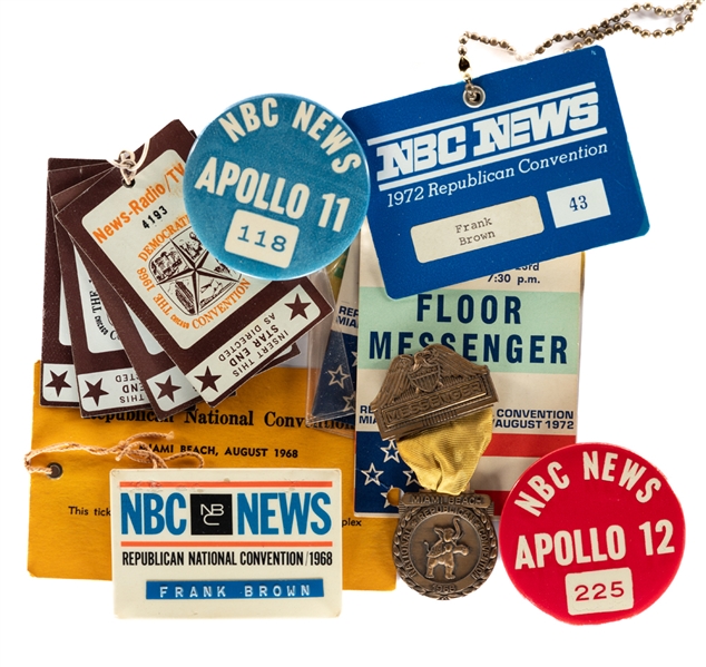 Frank Browns Apollo 11 & 12 NBC Press Buttons Plus Political Identification Buttons and Badges Including 1968 and 1972 Republican National Convention Items from His Personal Collection with LOA