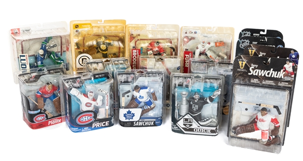 McFarlane Sportspicks Goaltender Hockey Figurines in Their Original Boxes (15) Including Sawchuk, Plante, Bower, Price and Others