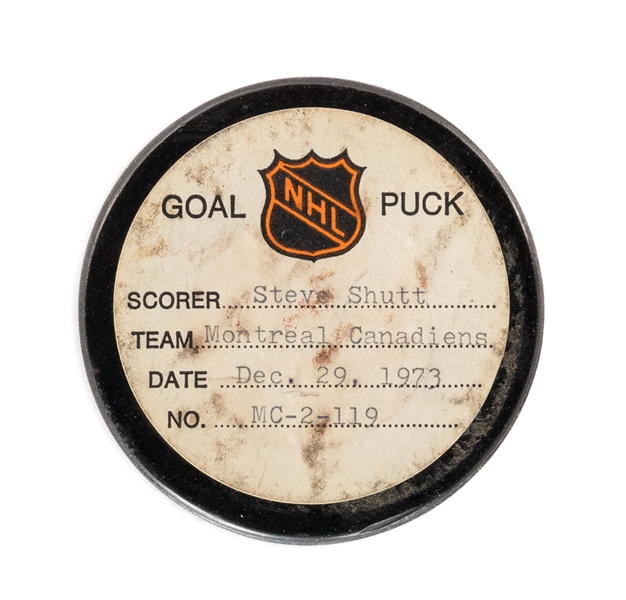 Steve Shutts Montreal Canadiens December 29th 1973 Goal Puck from the NHL Goal Puck Program - Season Goal #5 of 15 / Career Goal #13 of 424