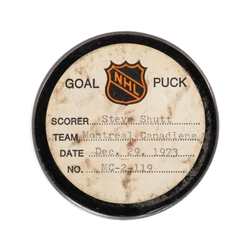 Steve Shutts Montreal Canadiens December 29th 1973 Goal Puck from the NHL Goal Puck Program - Season Goal #5 of 15 / Career Goal #13 of 424