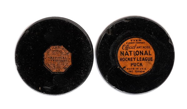 1942-50 and 1962-64 Art Ross Tyer NHL Game Pucks from the Personal Collection of Frank Brown with LOA