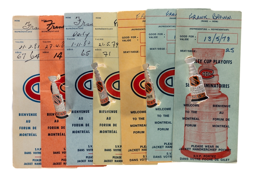 Frank Browns 1976 to 1979 Stanley Cup Playoffs/Finals Press Pin Collection of 4 Plus Collection of Montreal Canadiens Press Passes from His Personal Collection with LOA 