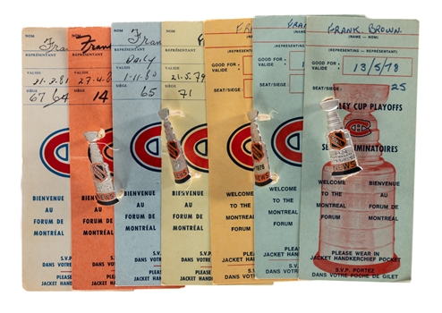 Frank Browns 1976 to 1979 Stanley Cup Playoffs/Finals Press Pin Collection of 4 Plus Collection of Montreal Canadiens Press Passes from His Personal Collection with LOA 