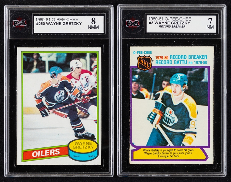 1980-81 O-Pee-Chee Hockey Card #250 HOFer Wayne Gretzky (Graded KSA 8) and 1980-81 O-Pee-Chee Hockey Card #3 HOFer Wayne Gretzky (Graded KSA 7)