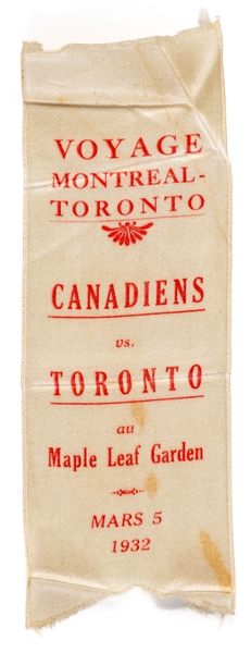 March 5th 1932 Montreal Canadiens vs Toronto Maple Leafs Montreal-Toronto Organized Trip Ribbon - Tie 1-1 Game on Goals from HOFers Morenz and Conacher