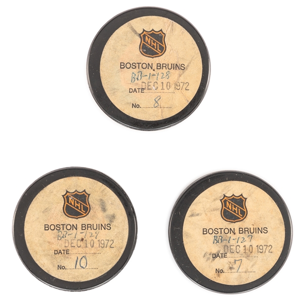 Ken Hodges Boston Bruins December 10th 1972 "Hat Trick" Goal Pucks (3) from the NHL Goal Puck Program - Season Goals #13, #14 & #15 / Career Goals #183, #184 & #185