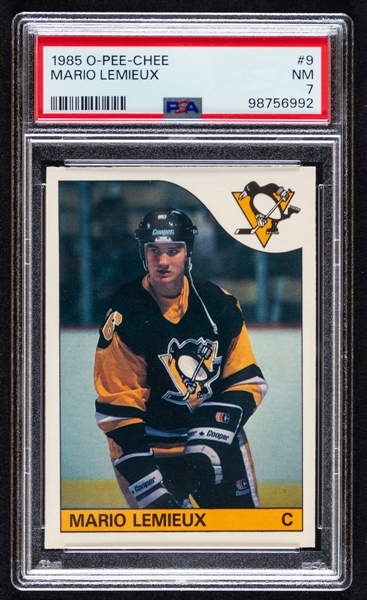 1985-86 O-Pee-Chee Hockey Card #9 HOFer Mario Lemieux Rookie - Graded PSA 7