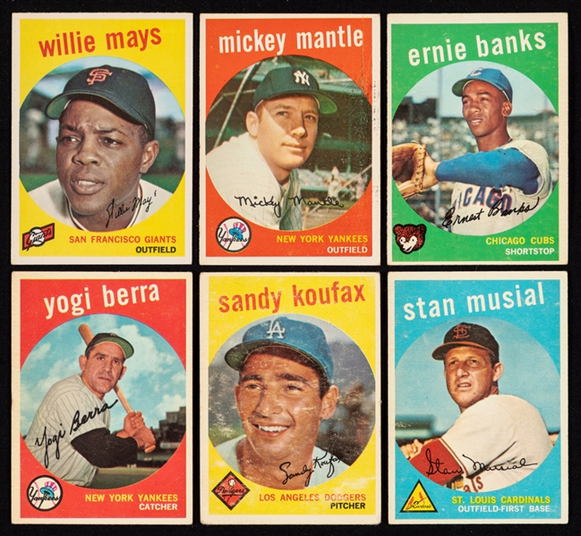 1959 Topps Baseball Starter Set (323/572) - Includes HOFers #10 Mantle, #350 Banks, #50 Mays, #163 Koufax, #180 Berra, #150 Musial and Others