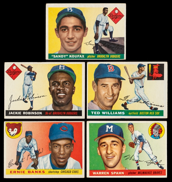 1955 Topps Baseball Cards (25) Including HOFers #123 Koufax Rookie, #28 Banks, #50 Robinson, #2 Williams and #31 Spahn