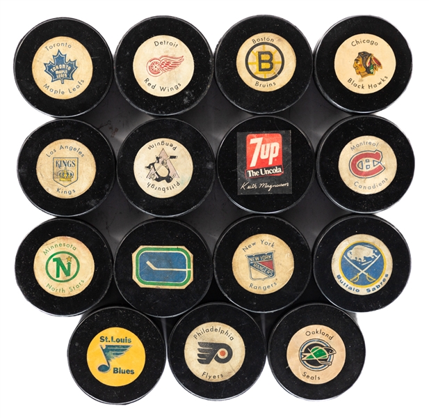 1972-74 Biltrite Rawlings NHL Puck Collection of 15