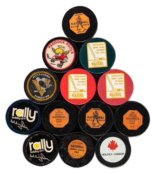 1972 WHA Philadelphia Blazers Inaugural Home Opener Pucks (3), Phil Esposito NHA Pucks (5), Bobby Orr Rally Pucks (2) and 1972 Summit Series Souvenir Puck 