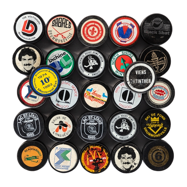 Vintage Minor League Hockey Puck Collection of 27