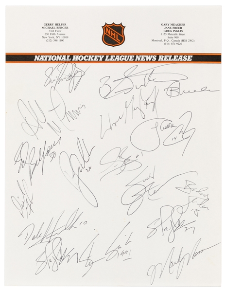 Team Canada 1991 Canada Cup Team-Signed Sheet by 16 Including HOFers Gretzky, Messier, Hawerchuk, Belfour, Lindros and Others with JSA Auction LOA