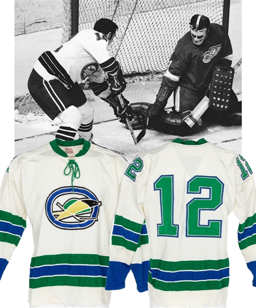 Gary Jarretts 1969-70 Oakland Seals Game-Worn Jersey - Team Repairs! - Photo-Matched!