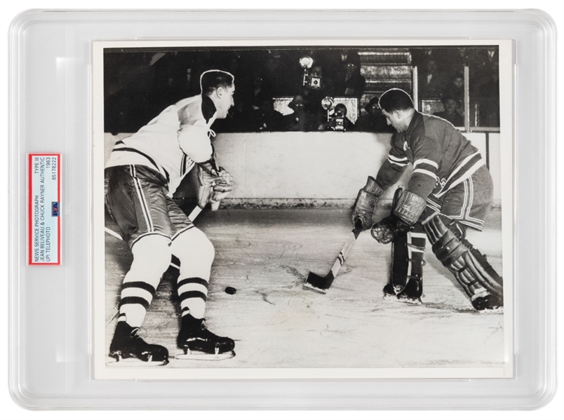 Jean Beliveau December 18, 1952 Montreal vs New York "First NHL Hat Trick" Type 3 United Press Photo - Graded PSA Authentic