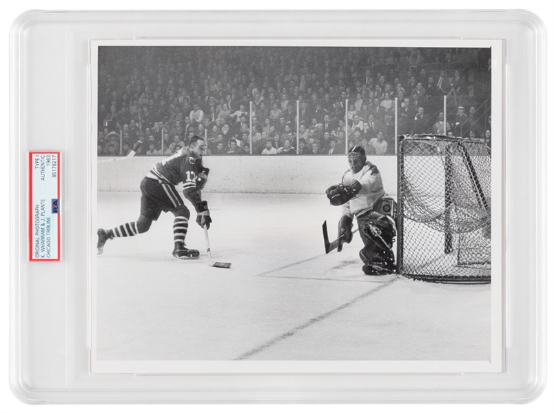 Ken Wharram and Jacques Plante March 3, 1963 Chicago vs Montreal Type 1 Chicago Tribune Photo - Graded PSA Authentic