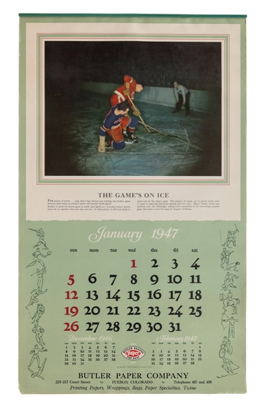 1947 Butler Paper Company Multi-Sport Calendar Including New York Rangers vs Detroit Red Wings