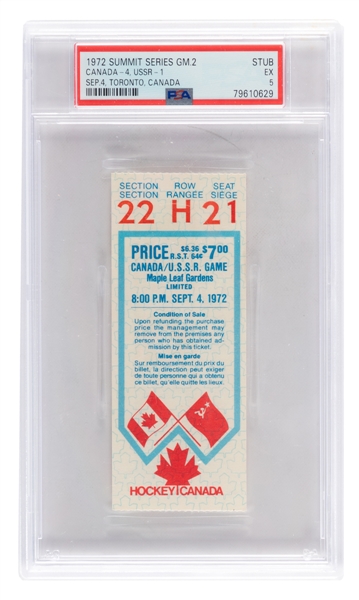 1972 Canada-Russia Series Game 2 Ticket Stub from Maple Leaf Gardens - Graded PSA 5