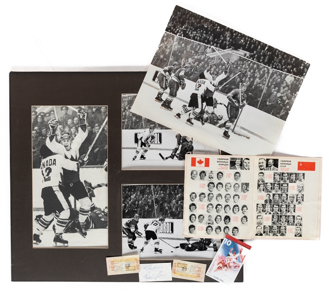 1972 Canada-Russia Series Bobby Orr Signed Russian Program, Paul Henderson and Vladislav Tretiak Signed Reproduction Tickets (3) and Matted Multi-Photo Display