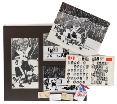 1972 Canada-Russia Series Bobby Orr Signed Russian Program, Paul Henderson and Vladislav Tretiak Signed Reproduction Tickets (3) and Matted Multi-Photo Display