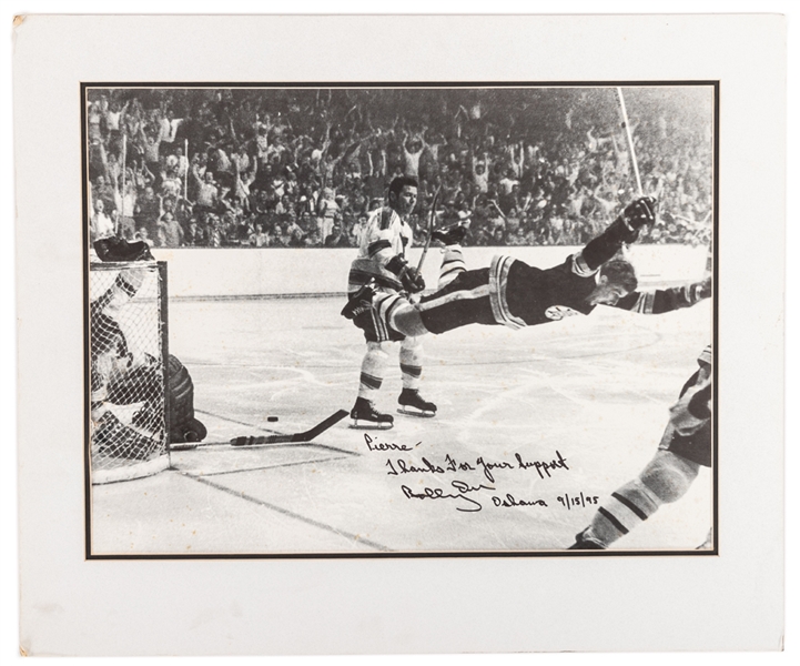 Bobby Orr Boston Bruins Signed “The Goal” Matted Photo Dedicated to HOFer Pierre Pilote From His Personal Collection with LOA (20" x 24")