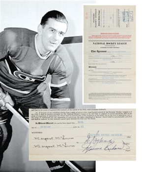 Maurice "Rocket" Richards 1947-48 Montreal Canadiens NHL Contract Signed by Deceased HOFers Richard, Raymond and Campbell