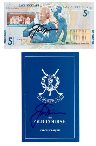 Jack Nicklaus Signed St. Andrews Links Scorecard and Signed Royal Bank of Scotland 5 Pound Sterling Note with JSA Auction LOA 