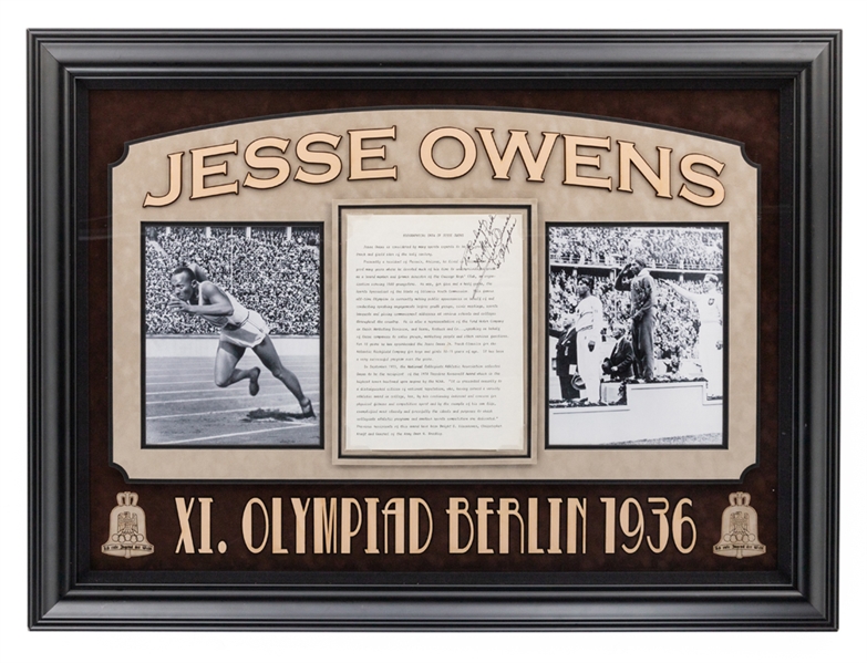 Jesse Owens 1936 Berlin Olympics Framed Display with Inscribed and Signed Page - JSA LOA (27 1/2" x 36") 