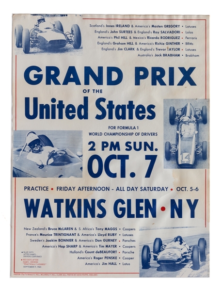 1962 United States Grand Prix Formula One F1 Original Poster (17" x 22 1/2")