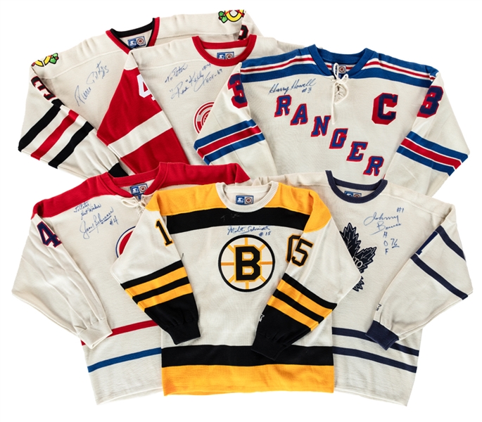 Deceased HOFers Beliveau (Canadiens), Schmidt (Bruins), Bower (Maple Leafs), Howell (Rangers), Kelly (Red Wings) & Pilote (Blackhawks) Signed "Original Six" Vintage Style Jerseys with JSA Auction LOA