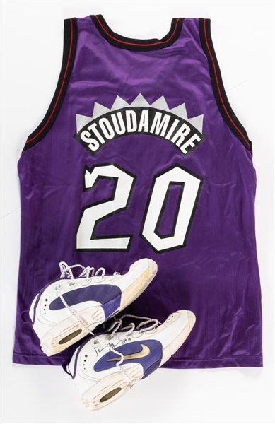 Damon Stoudamires 1995-96 Toronto Raptors Signed Game-Worn Inaugural Season Nike Air Way Up Shoes Plus Signed Inaugural Season Replica Jersey with JSA Auction LOA